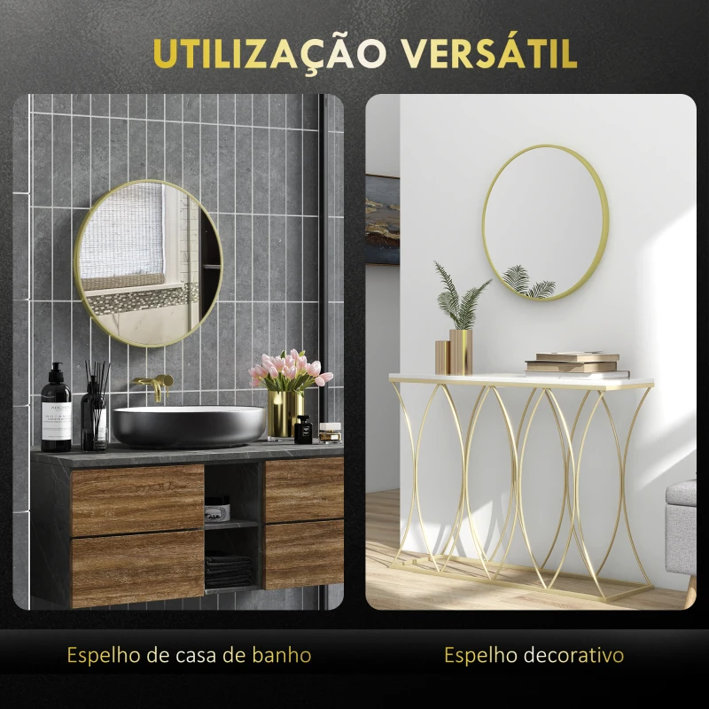 HOMCOM Espelho Casa de Banho Redondo Ø60 cm Espelho de Parede com Estrutura de Alumínio e Gancho para Sala Entrada Corredor Dourado