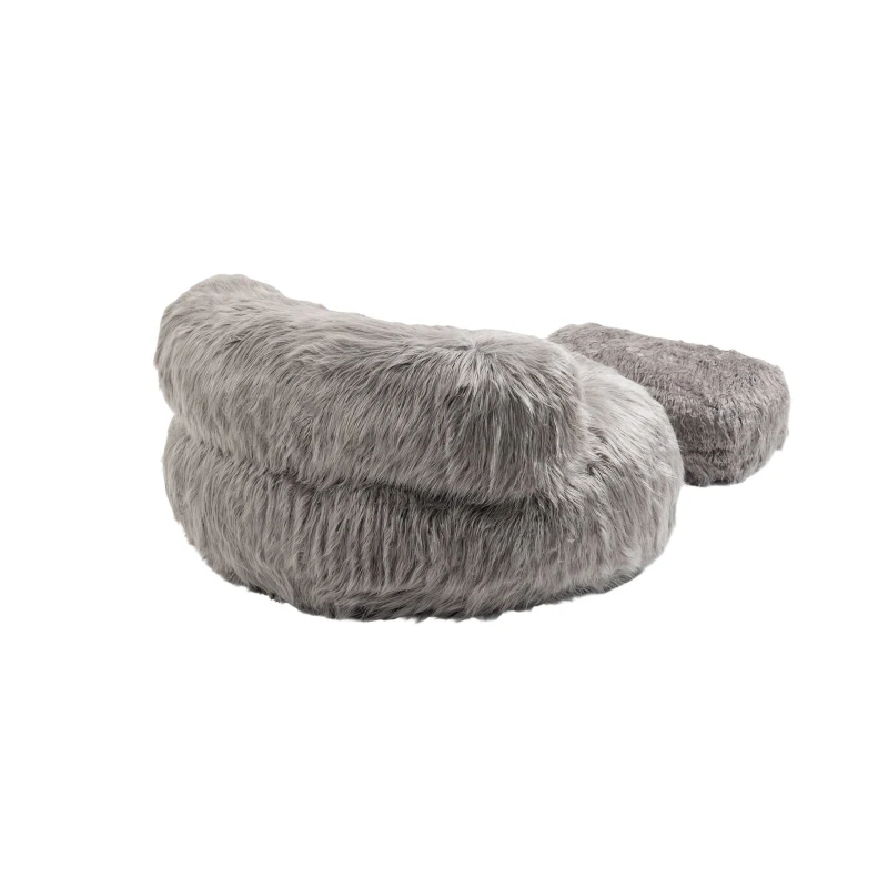 Poltrona Sacco Fluffy Confortevole con Pouf, Sedia Moderna in Pelliccia Sintetica per Soggiorno, Camera da Letto e Studio, Grigio