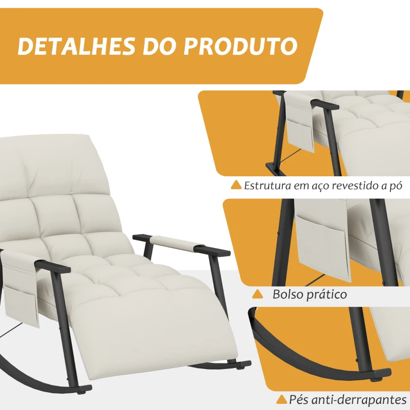 HOMCOM Poltrona Baloiço com Encosto e Apoio para Os Pés Ajustáveis e Estofada em Microfibra com Bolso para Sala 60x134x70 cm Creme