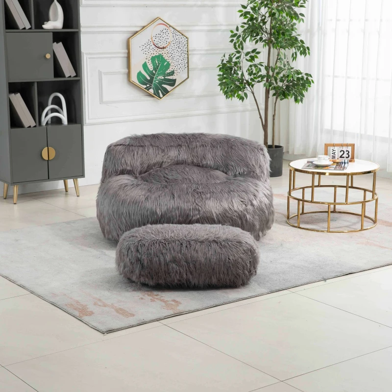 Poltrona Sacco Fluffy Confortevole con Pouf, Sedia Moderna in Pelliccia Sintetica per Soggiorno, Camera da Letto e Studio, Grigio