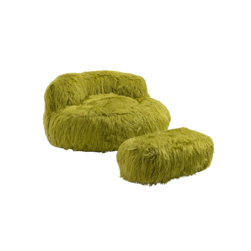Fauteuil Fluffy confortable avec pouf, revêtement en fourrure synthétique, moderne pour salon, chambre à Coucher, Vert