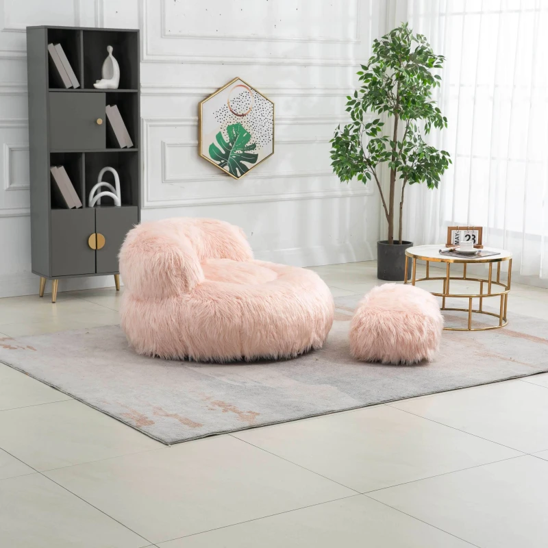 Poltrona Sacco Fluffy Confortevole con Pouf, Sedia Moderna in Pelliccia Sintetica per Soggiorno, Camera da Letto e Studio, Rosa