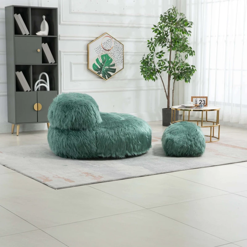 Fauteuil Fluffy confortable avec pouf, revêtement en fourrure synthétique, moderne pour salon, chambre à Coucher, Bleu