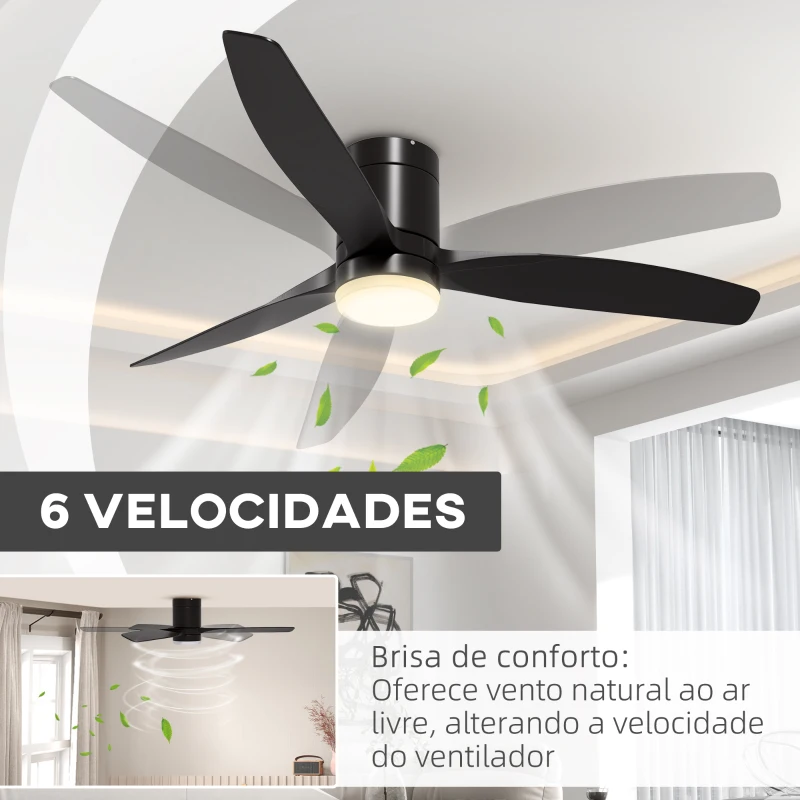 HOMCOM Ventoinha de Teto com Luz 46W Ø132 cm com 3 Lâminas Reversíveis Controlo Remoto 6 Velocidades e Temporizador Preto