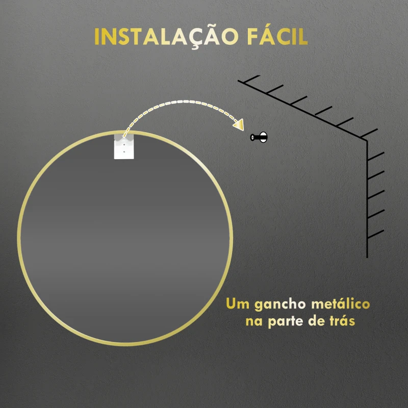 HOMCOM Espelho Casa de Banho Redondo Ø70 cm Espelho de Parede com Estrutura de Alumínio e Gancho para Sala Entrada Corredor Dourado