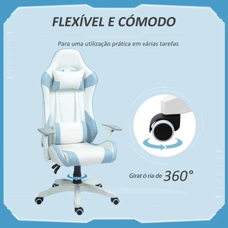 HOMCOM Cadeira Gaming Reclinável com Almofada Lombar Apoio de Cabeça Basculante e Altura Ajustável 67x60x120-128 cm Branco e Azul
