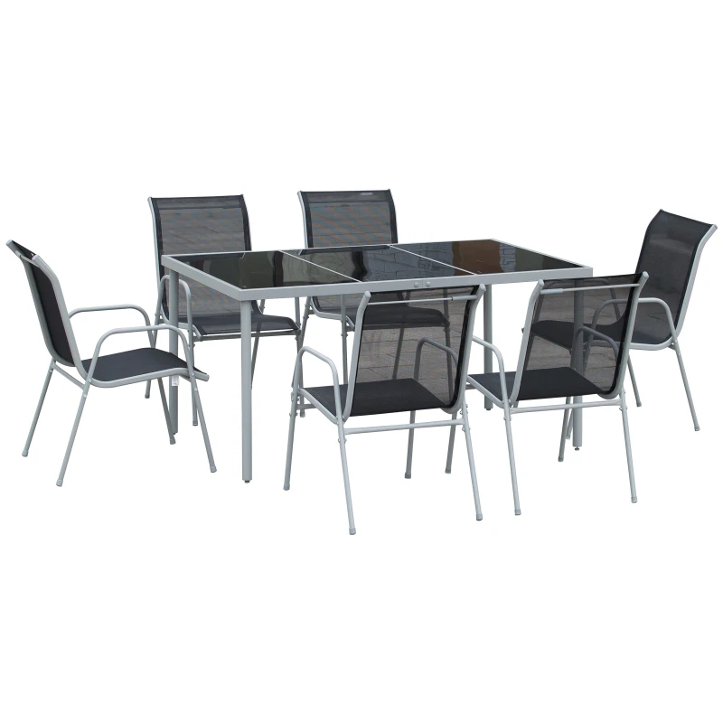 Outsunny Ensemble de jardin 6 pers. - table de jardin extérieure avec 6 chaises empilables plateau verre trempé 5 mm métal époxy gris textilène noir