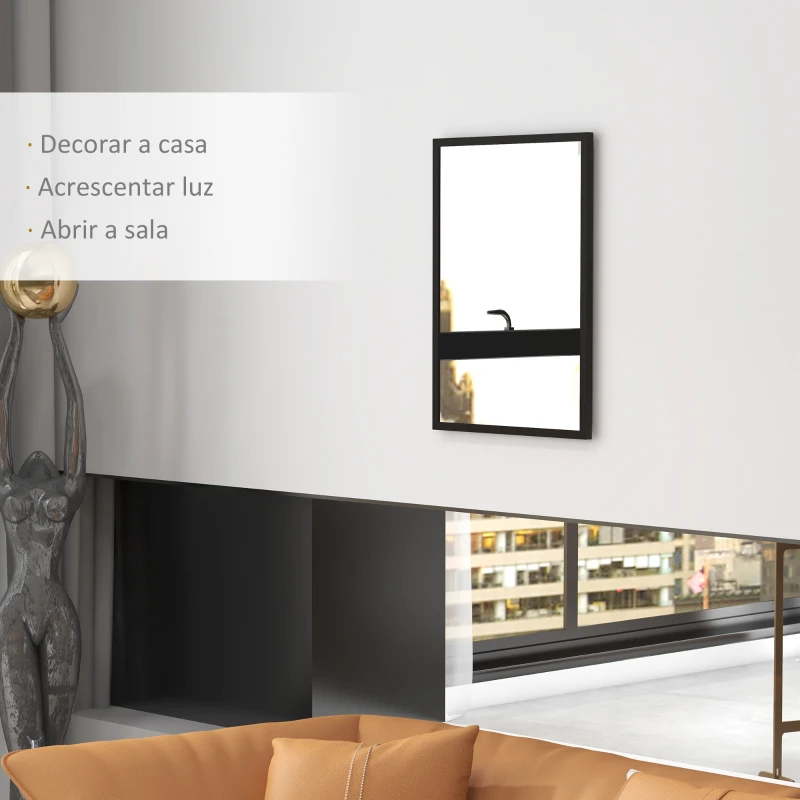 HOMCOM Espelho de Parede Decorativo 50x70 cm Espelho Retangular Espelho de Sala com 4 Ganchos Metálicos Estilo Moderno Preto