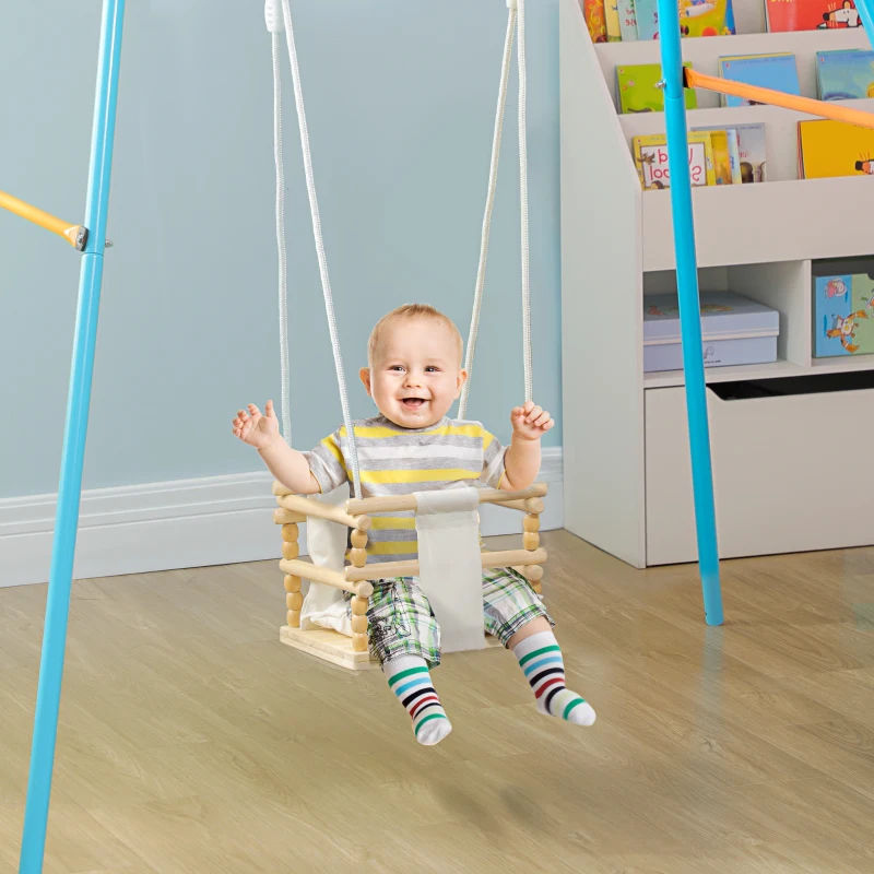 AIYAPLAY Leagan pentru copii 9-36 luni din lemn si bumbac, pentru spatii interioare si exterioare cu franghie reglabila si perna detasabila, 30x30x110-180 cm, culoarea lemnului si alb