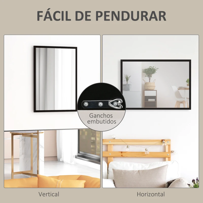HOMCOM Espelho de Parede Decorativo 50x70 cm Espelho Retangular Espelho de Sala com 4 Ganchos Metálicos Estilo Moderno Preto