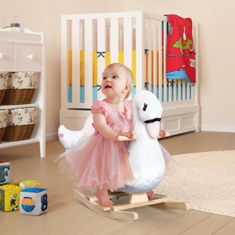 HOMCOM Kids Rocking Horse Plush Ride On Swan Toy w/ Safety Seat for Toddler 18 Months +, White and Pink