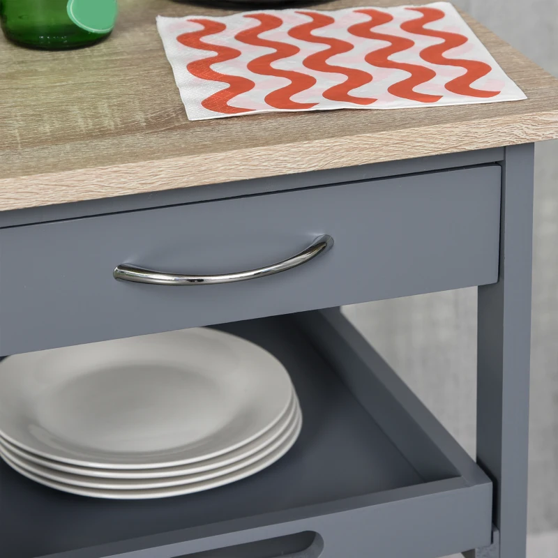 HOMCOM Carrello da Cucina con Cassetto, 2 Vassoi Estraibili e Ripiano Fisso, in Legno di Pino e MDF, 37x37x76 cm