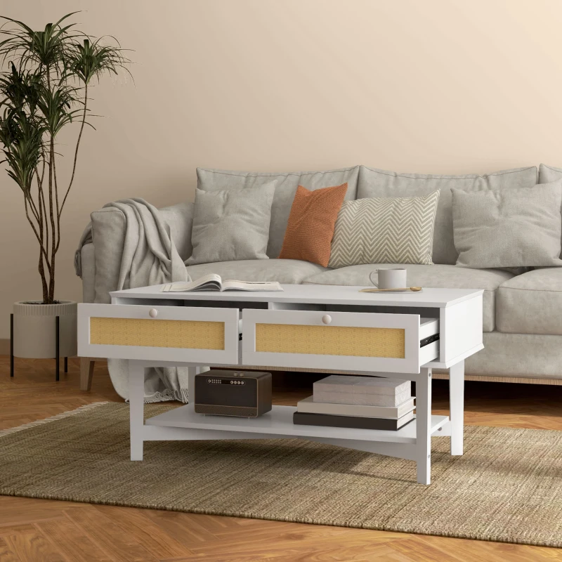 HOMCOM Mesa de Centro com 2 Gavetas Decorativas de Vime e Prateleira Inferior para Sala de Estar Escritório 100x50x50 cm Branco