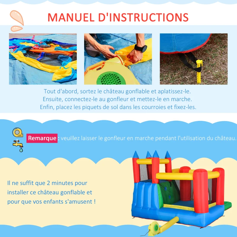 Outsunny Château gonflable avec toboggan piscine et mur d'escalade pour 4 enfants 3-8 ans juaqu'à 120 kg avec souffleur 450W pistolet à eau et sac de transport dim. 330L x 245l x 215H cm multicolore
