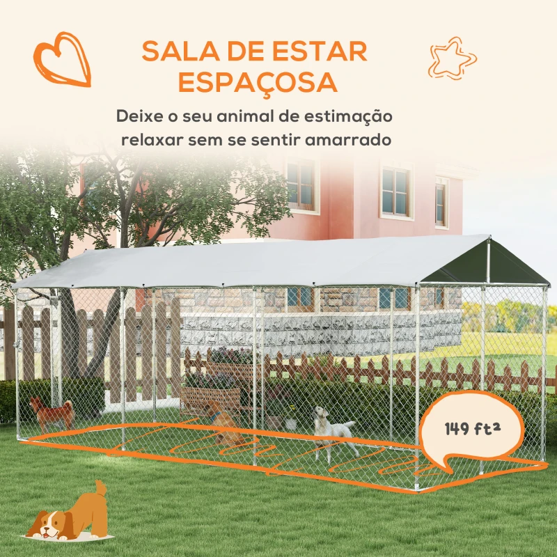 PawHut Canil de Exterior para Cães Parque para Cães com 1 Porta Estrutura de Aço Toldo Impermeável e Anti-UV 600x230x230 cm Prata