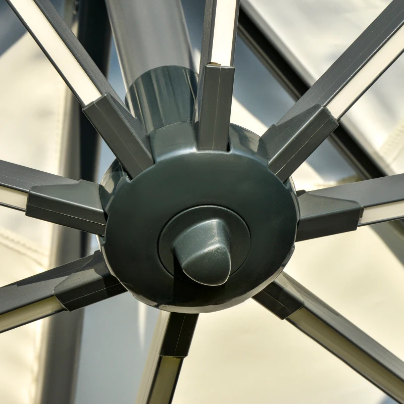 Outsunny Chapéu de Sol Excêntrico Φ300x248cm com Proteção UV 50+ Giratório 360º com Manivela Luzes LED Painel Solar e Teto Reclinável Branco