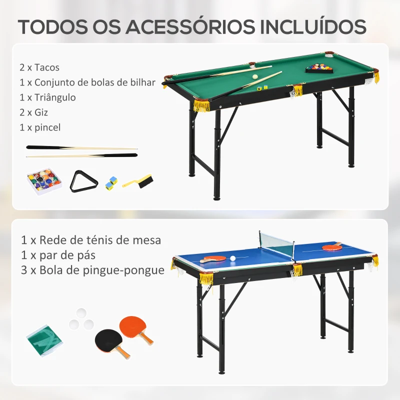 SPORTNOW 2 em 1 Mesa Multijogos para Crianças de 6+ Anos Mesa de Bilhar e Ping Pong Dobrável com Acessórios 140x63x60-80 cm Multicolor