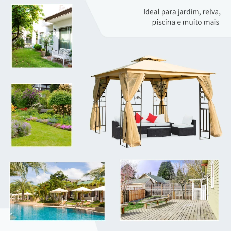 Outsunny Pérgola de Jardim com Estrutura de Aço Teto Duplo 6 Cortinas Laterais 8 Orifícios de Drenagem 300x400x280 cm Creme