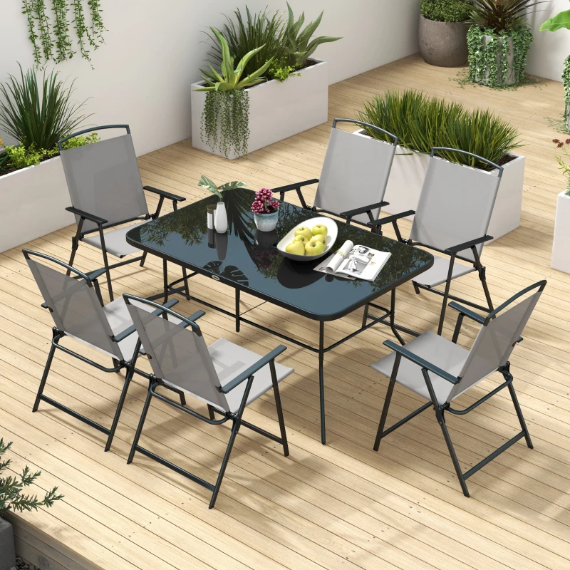 Outsunny Conjunto de Refeição de 7 Peças com 6 Cadeiras Dobráveis e Mesa com Orifício para Chapéu de Sol para Terraço Exterior Cinza