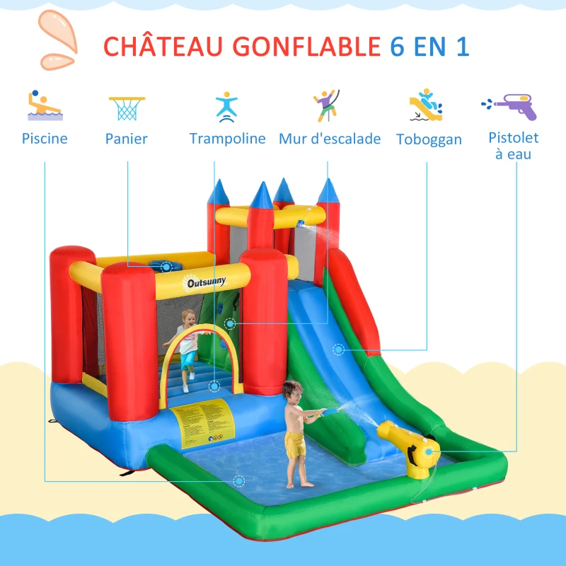 Outsunny Château gonflable avec toboggan piscine et mur d'escalade pour 4 enfants 3-8 ans juaqu'à 120 kg avec souffleur 450W pistolet à eau et sac de transport dim. 330L x 245l x 215H cm multicolore