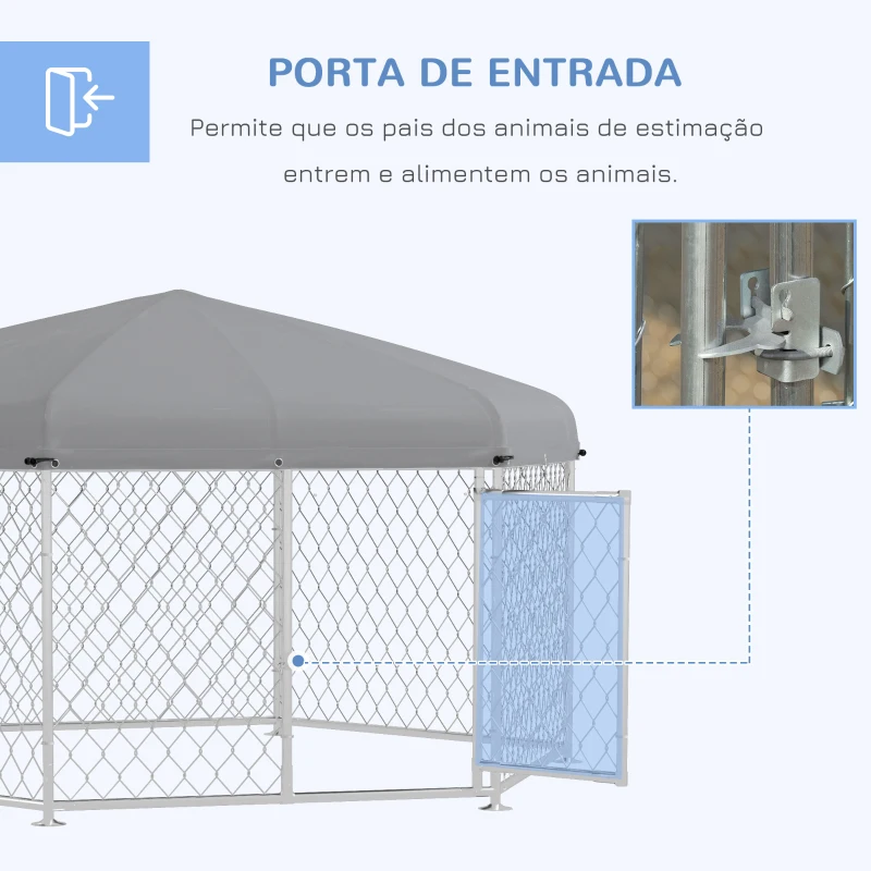 PawHut Canil de Exterior Hexagonal com Porta Estrutura de Aço Galvanizado e Toldo Impermeável e Anti-UV 210x185x150 cm Prata