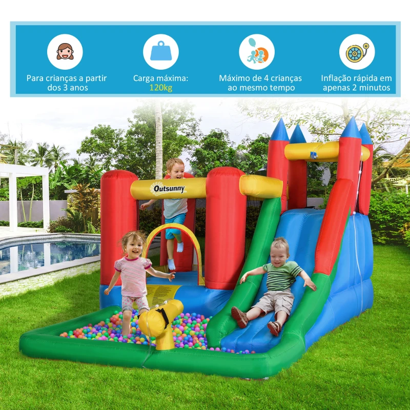 Outsunny Castelo Insuflável com Escorrega Trampolim Piscina e Pistola de Água para Crianças acima de 3 Anos com Inflador e Bolsa de Transporte para Interior Exterior 330x245x215cm Multicor