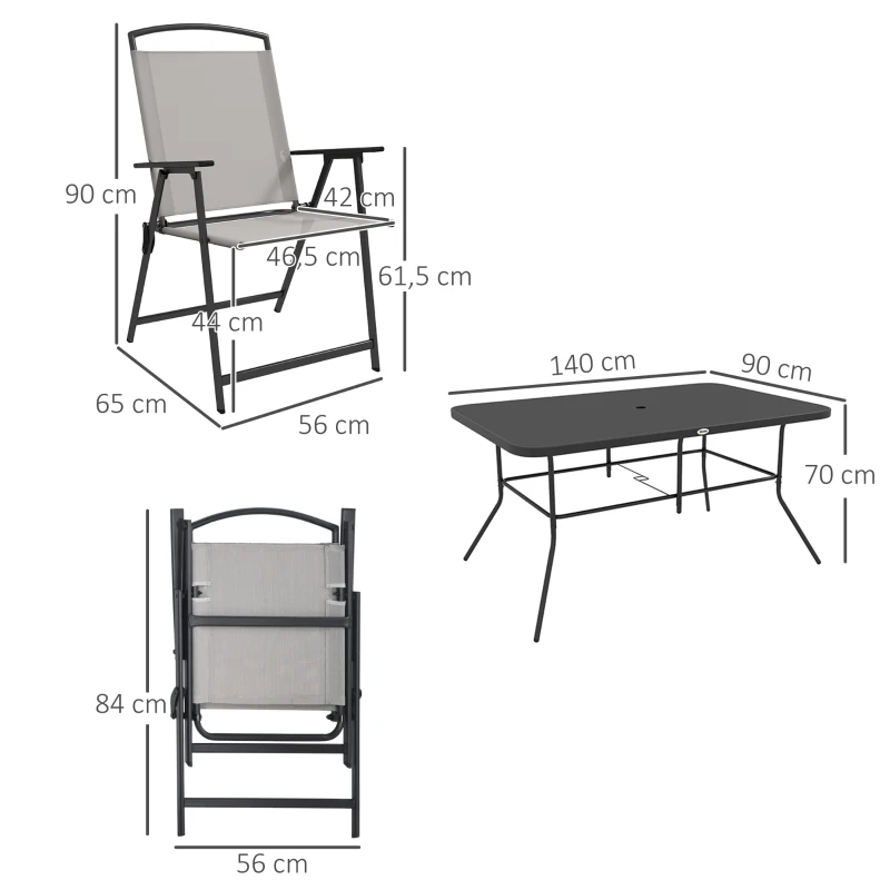 Outsunny Conjunto de Refeição de 7 Peças com 6 Cadeiras Dobráveis e Mesa com Orifício para Chapéu de Sol para Terraço Exterior Cinza