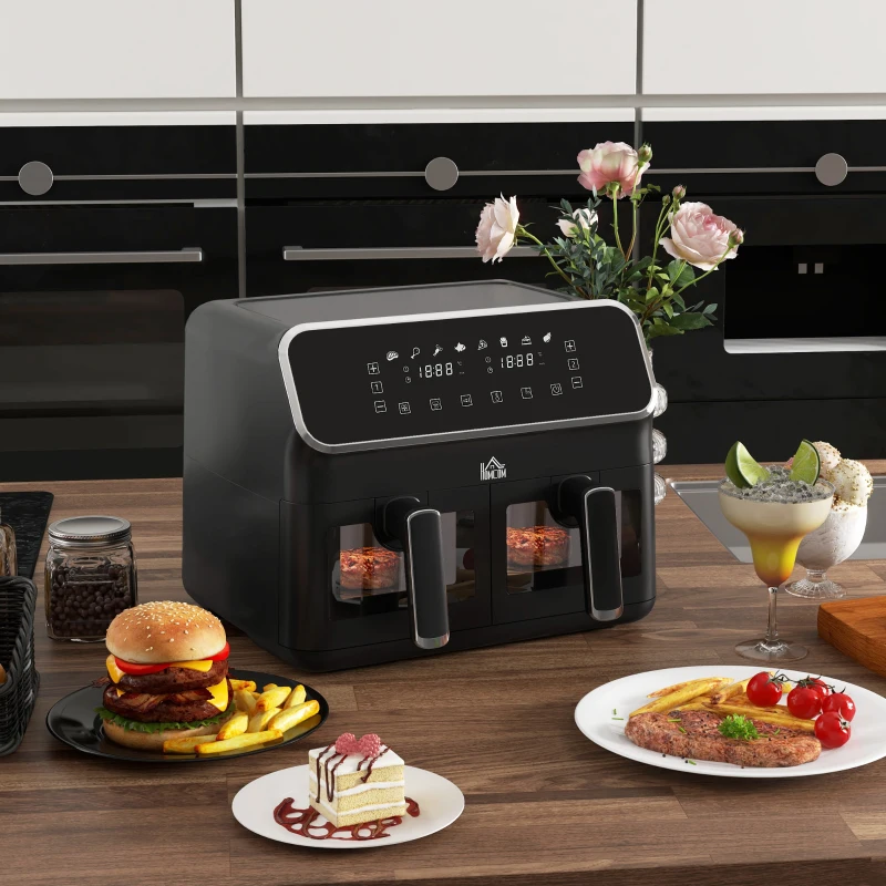 HOMCOM Fritadeira sem Óleo de 8L e 2700W com 2 Cestos Independentes 8 Programas Pré-configurados Ecrã LED Tátil 39x38,5x31 cm Preto