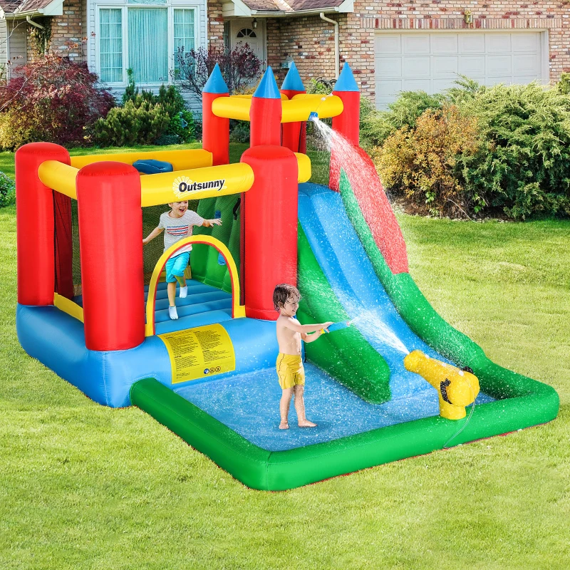 Outsunny Château gonflable avec toboggan piscine et mur d'escalade pour 4 enfants 3-8 ans juaqu'à 120 kg avec souffleur 450W pistolet à eau et sac de transport dim. 330L x 245l x 215H cm multicolore