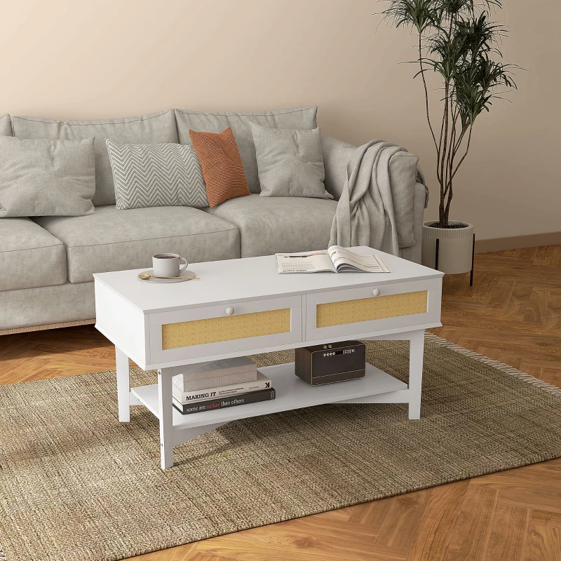 HOMCOM Mesa de Centro com 2 Gavetas Decorativas de Vime e Prateleira Inferior para Sala de Estar Escritório 100x50x50 cm Branco