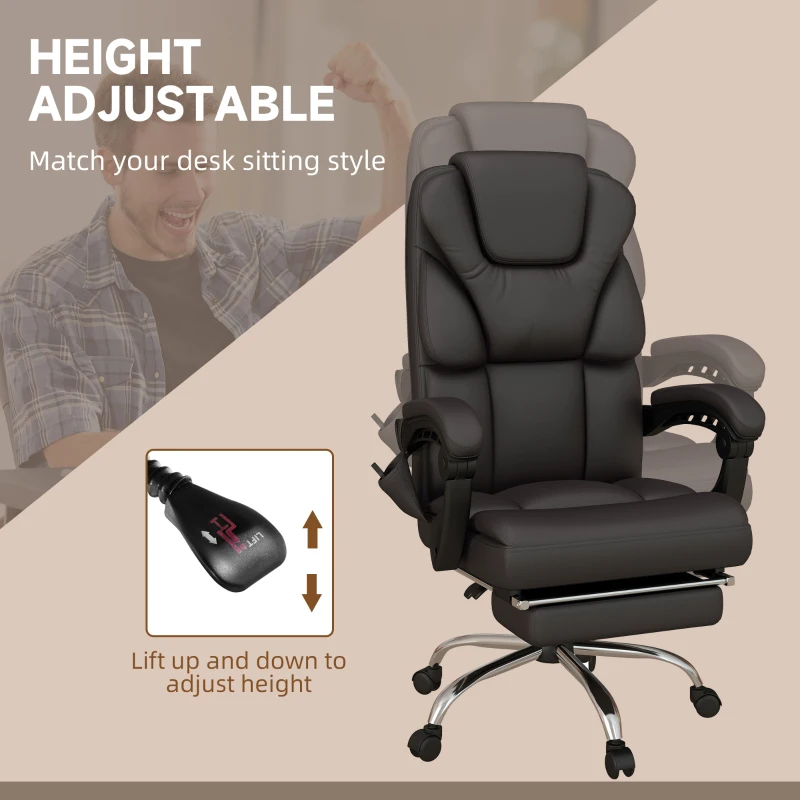 Vinsetto Scaun de Birou cu Masaj și Suport pentru Picioare, Scaun de Birou Rabatabil și Reglabil pe Înălțime, 63x57x118-126 cm, Maro