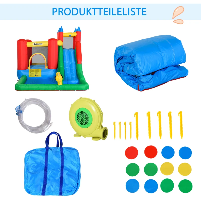 Outsunny Hüpfburg mit Gebläse Rutsche Wasserrutsche aufblasbar für 4 Kinder Wasserhüpfburg Garten XXL Springburg für 3-8 Jahre Kinder Oxford-, Polyester-Gewebe mehrfarbig 330 x 245 x 215 cm