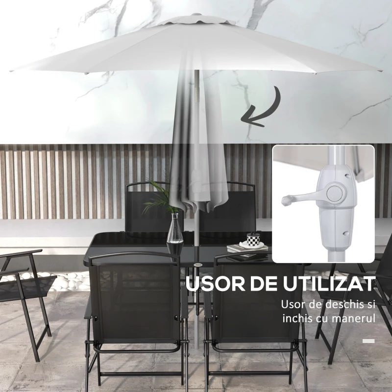 Outsunny Set de grădină cu Masă, 6 Scaune Pliante și Umbrelă de Soare cu Manivelă, Set pentru Exterior din 8 piese, 140x90x70 cm, Gri și Negru