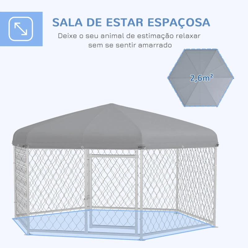 PawHut Canil de Exterior Hexagonal com Porta Estrutura de Aço Galvanizado e Toldo Impermeável e Anti-UV 210x185x150 cm Prata