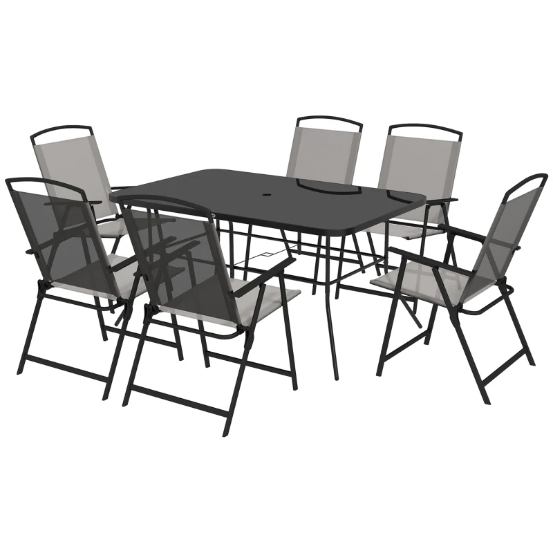 Outsunny Conjunto de Refeição de 7 Peças com 6 Cadeiras Dobráveis e Mesa com Orifício para Chapéu de Sol para Terraço Exterior Cinza