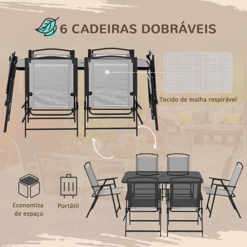 Outsunny Conjunto de Refeição de 7 Peças com 6 Cadeiras Dobráveis e Mesa com Orifício para Chapéu de Sol para Terraço Exterior Cinza