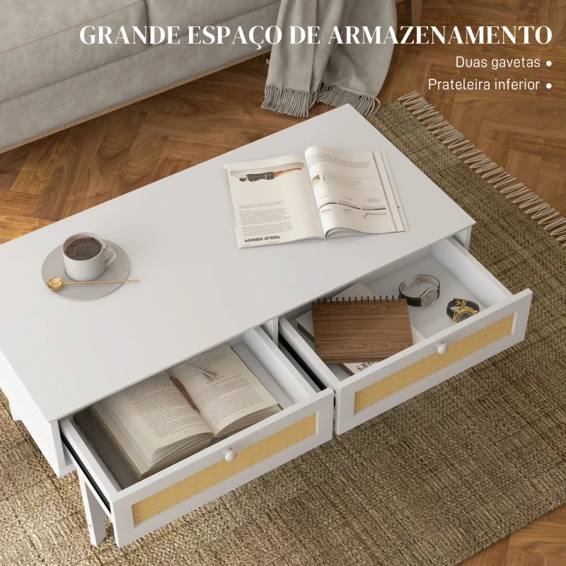 HOMCOM Mesa de Centro com 2 Gavetas Decorativas de Vime e Prateleira Inferior para Sala de Estar Escritório 100x50x50 cm Branco