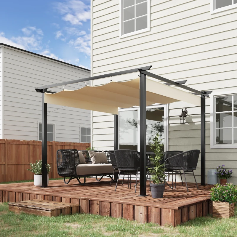 Outsunny Foișor de Grădină cu Copertină Retractabilă, Pergolă de Exterior cu Structură din Aluminiu, 2.95x2.95x2.16 m, Alb Crem
