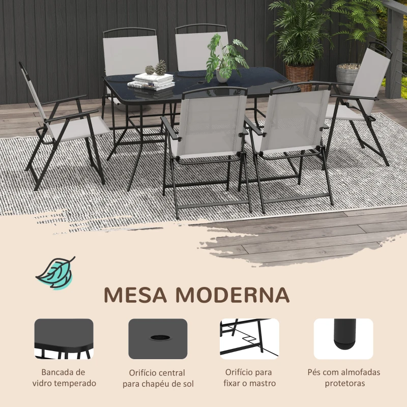 Outsunny Conjunto de Refeição de 7 Peças com 6 Cadeiras Dobráveis e Mesa com Orifício para Chapéu de Sol para Terraço Exterior Cinza