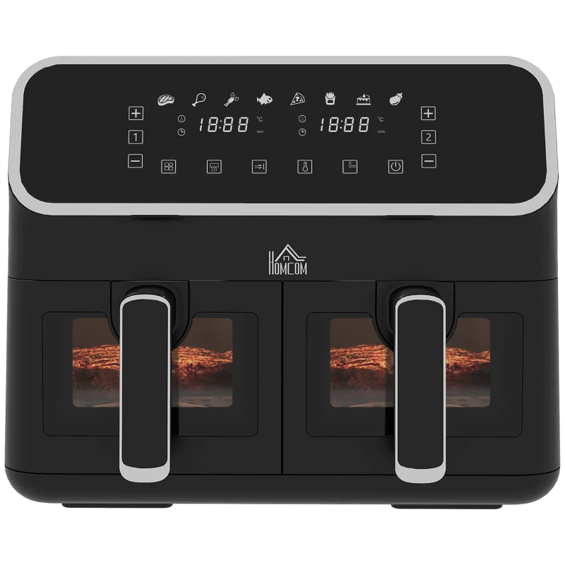 HOMCOM Fritadeira sem Óleo de 8L e 2700W com 2 Cestos Independentes 8 Programas Pré-configurados Ecrã LED Tátil 39x38,5x31 cm Preto