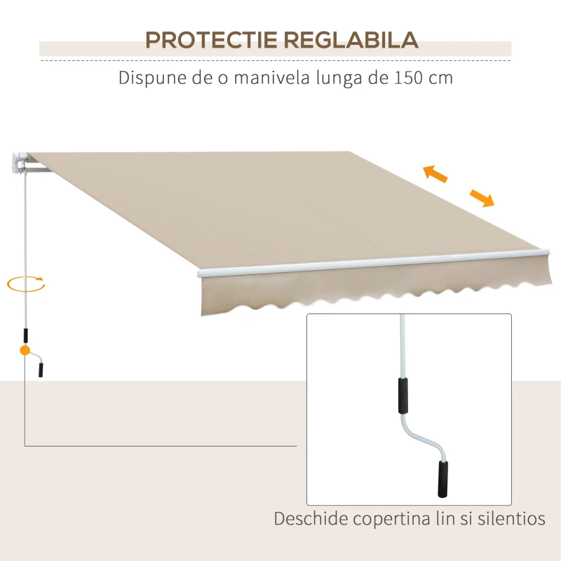 Outsunny Copertină pentru Exterior, Copertină Rulantă pentru Uși și Ferestre cu Deschidere cu Manivelă, 360x250 cm, Cremă