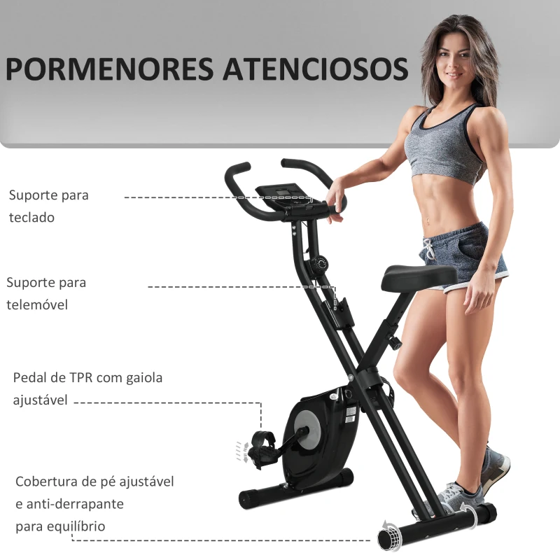 HOMCOM Bicicleta Estática Dobrável com 8 Níveis de Resistência Magnética com Ecrã LCD e Assento Regulável 43x85x109 cm Preto