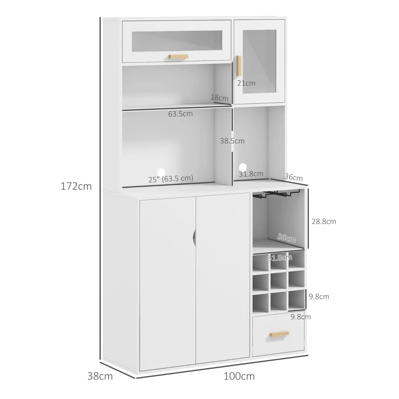 HOMCOM Mobile Dispensa con Portabottiglie, Armadietti, Ripiani e Cassetto, in Truciolato e Legno, 100x38x172 cm, Bianco