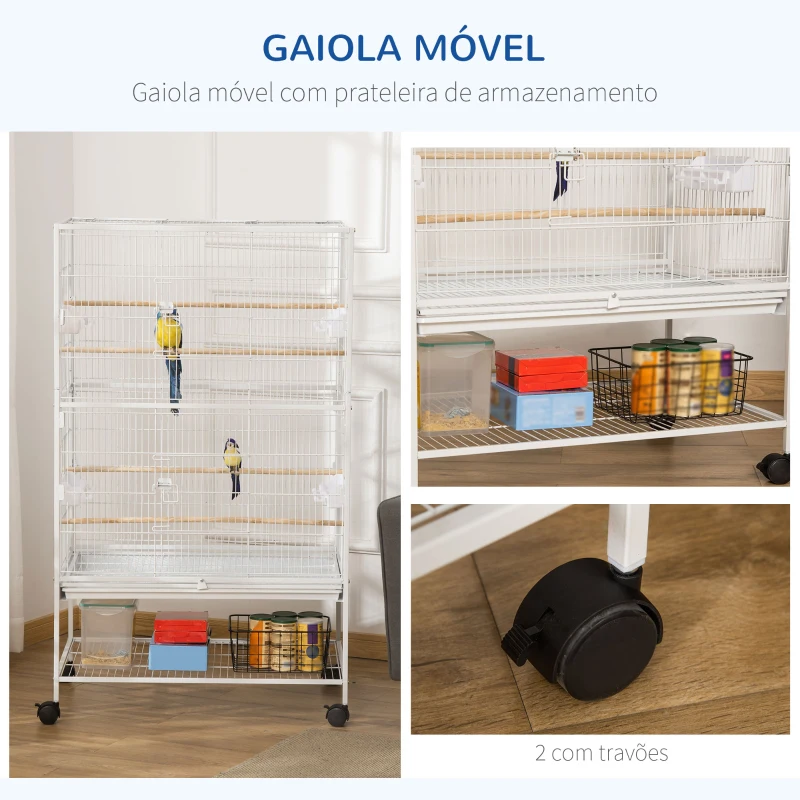 PawHut Gaiola para Pássaros com Rodas Bandeja Amovível 4 Portas Comedouros e Prateleira de Armazenamento 78x52x132cm Branco
