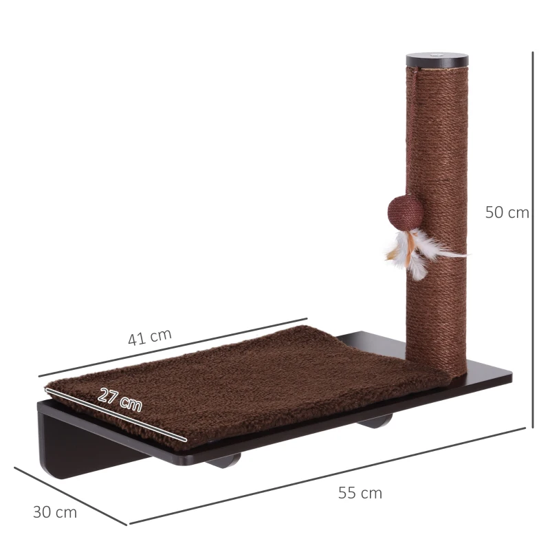 PawHut Cat Wall-Mounted MDF Hemp Rope Scratching Post Shelf Brown