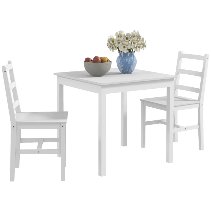 HOMCOM 3-delig Eettafelset Eetgroep Tafel met Stoelen, Grenenhout, Wit