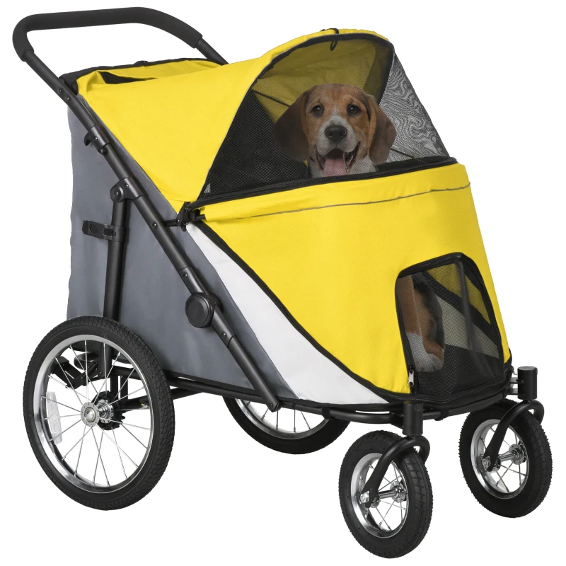 PawHut Foldable Pet Stroller, with Washable Cushion, Storage Bags, Safety Leash, for Medium, Large Dogs, Catts, Travel - Yellow