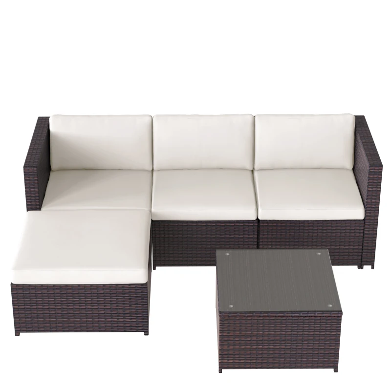 Set Salotto da Giardino in Poly rattan con Divano ad Angolo, Tavolino con Piano in Vetro e Cuscini, Marrone