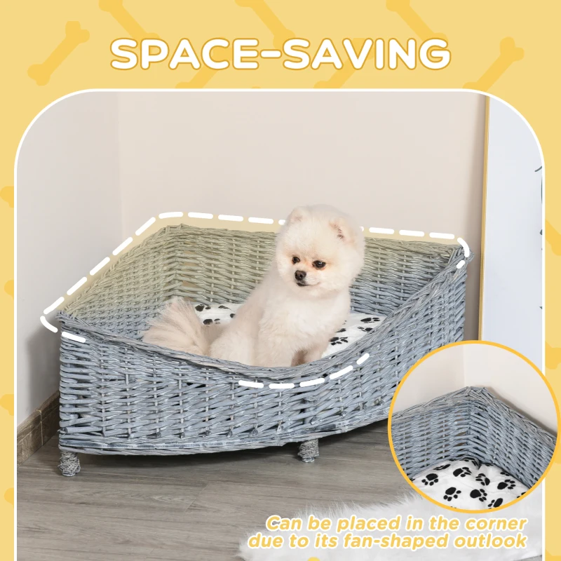 PawHut Wicker Dog Corner Basket Pet Bed Sofa Couch w/ Soft Plush Cushion Elevated Base
