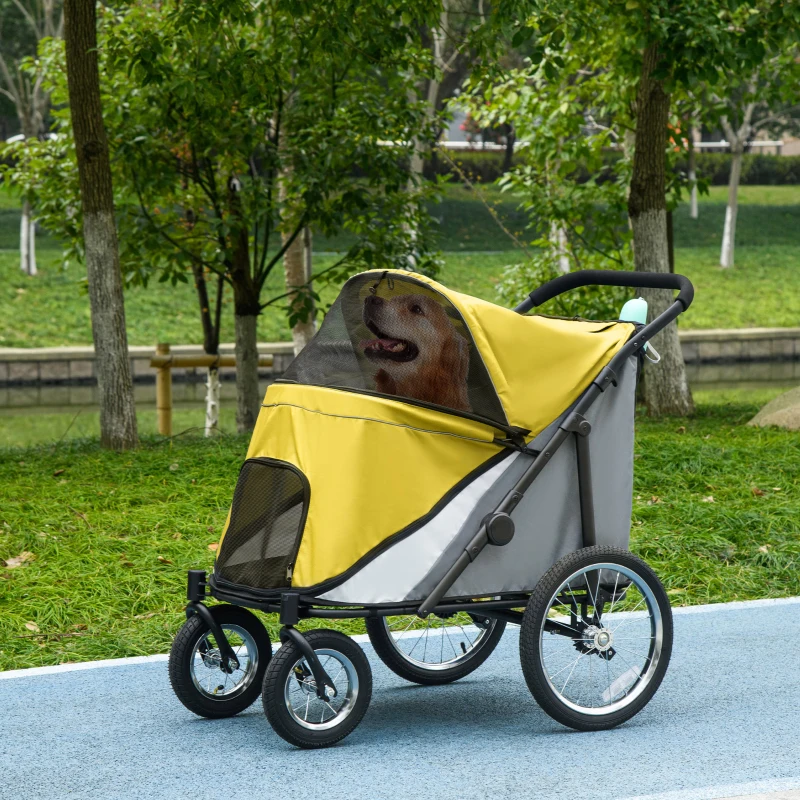 PawHut Foldable Pet Stroller, with Washable Cushion, Storage Bags, Safety Leash, for Medium, Large Dogs, Catts, Travel - Yellow
